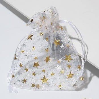 Organza bag Stars white with gold 10*12